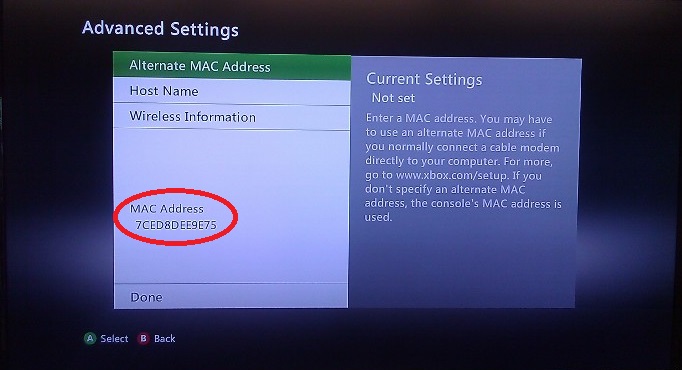 Image of Xbox 360 MAC Address