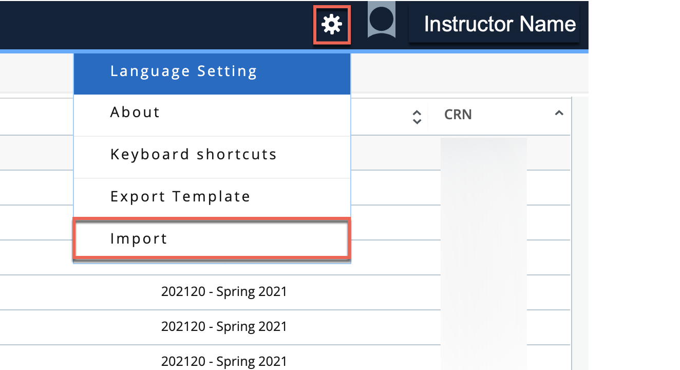 Banner Faculty Grade Entry, Final Grades page with settings selected and Import highlighted