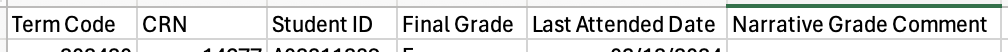 6 excel spreadsheet column headers are labeled Term Code, CRN, Student ID, Final Grade, Last Attended Date, and Narrative Grade Comment.